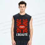 Unisex Vintage Red Lip Printed Washed Tank Top