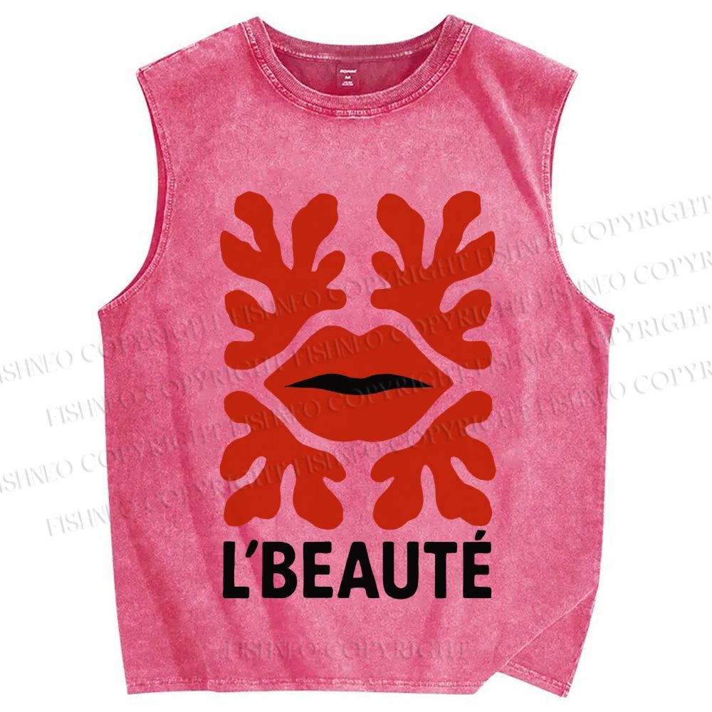 Unisex Vintage Red Lip Printed Washed Tank Top