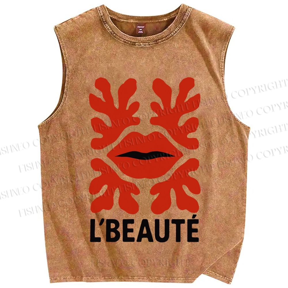 Unisex Vintage Red Lip Printed Washed Tank Top