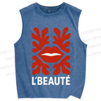 Unisex Vintage Red Lip Printed Washed Tank Top