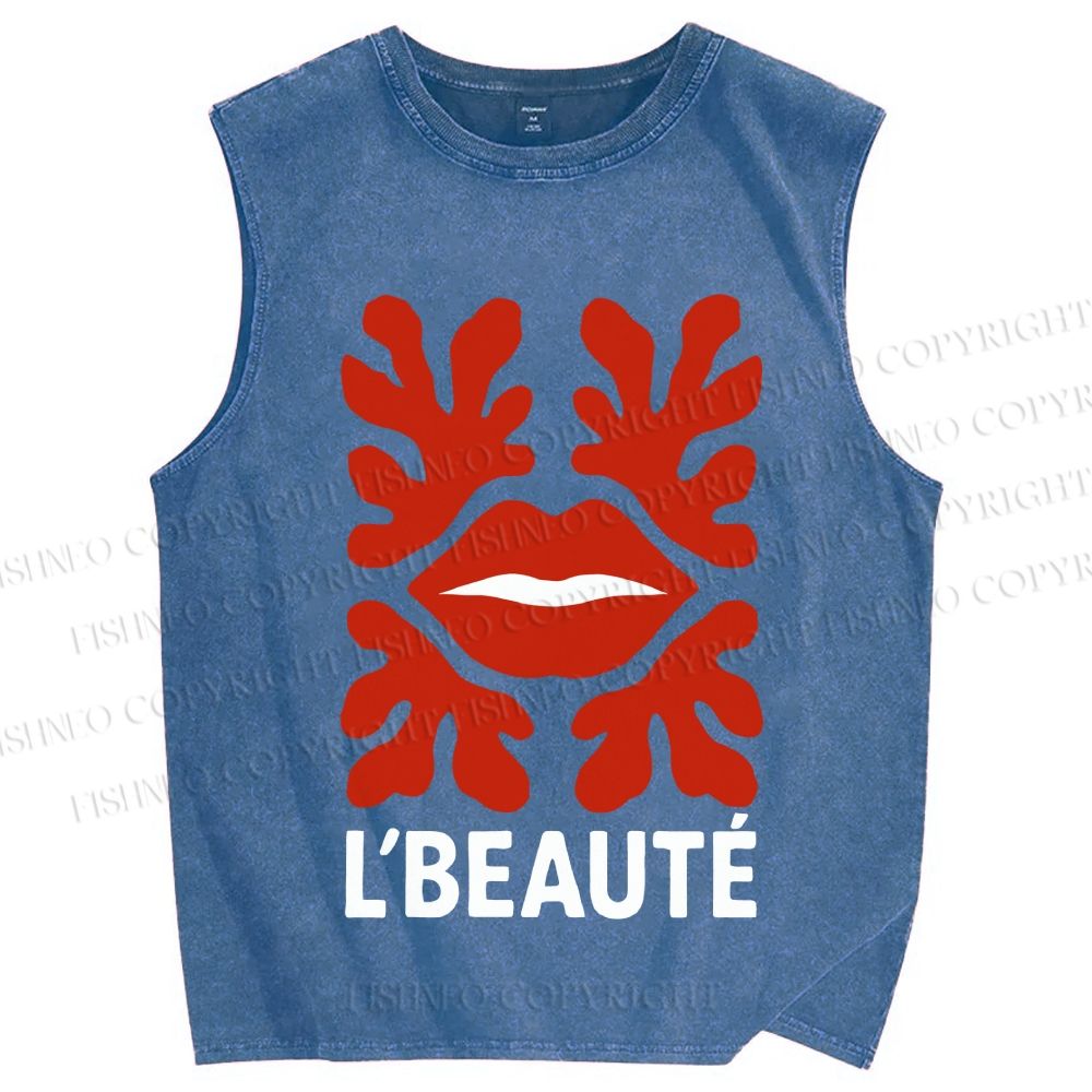 Unisex Vintage Red Lip Printed Washed Tank Top