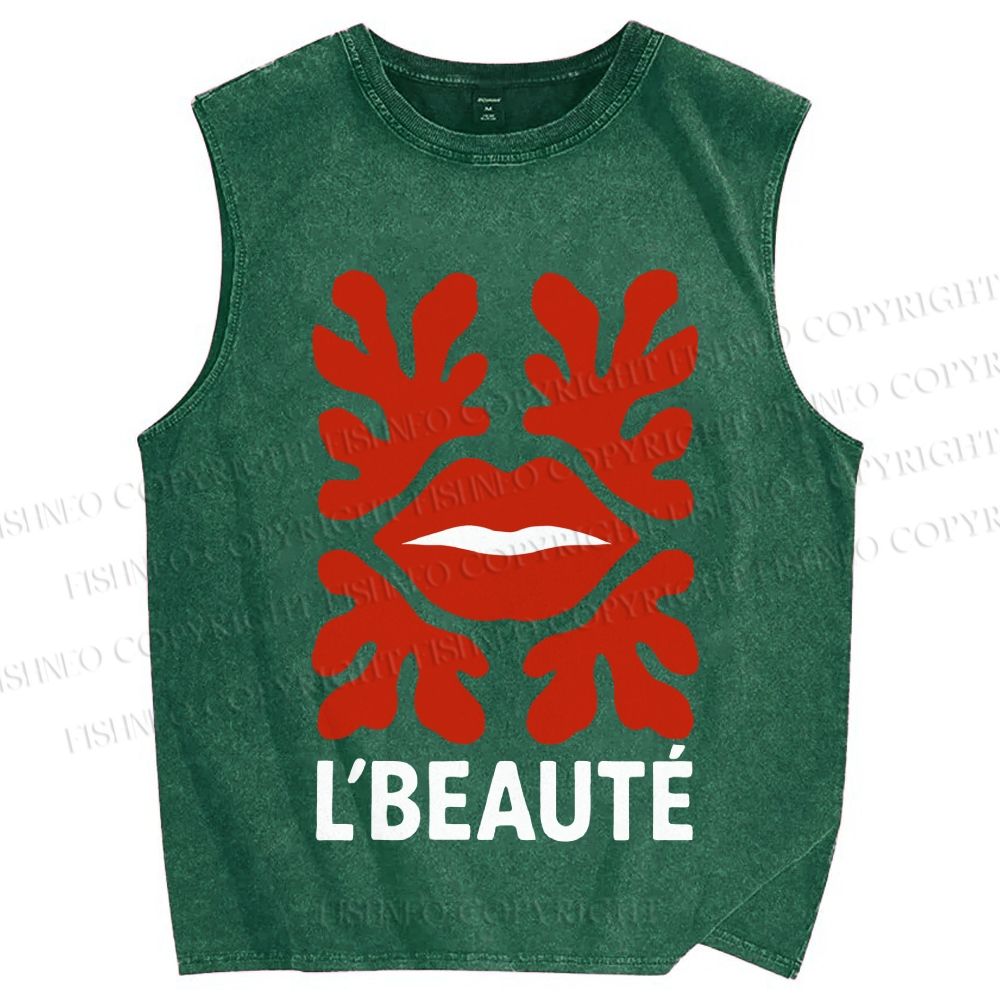Unisex Vintage Red Lip Printed Washed Tank Top