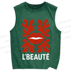 Unisex Vintage Red Lip Printed Washed Tank Top