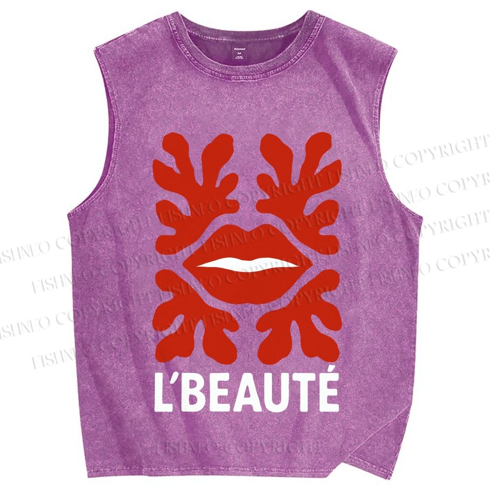 Unisex Vintage Red Lip Printed Washed Tank Top