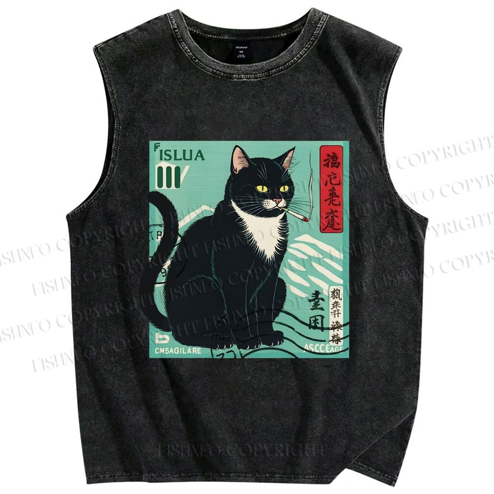 Unisex Retro Cat Stamp Printed Washed Tank Top