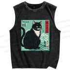 Unisex Retro Cat Stamp Printed Washed Tank Top
