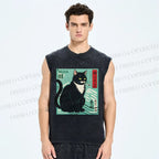 Unisex Retro Cat Stamp Printed Washed Tank Top
