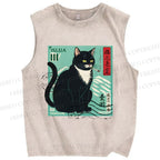Unisex Retro Cat Stamp Printed Washed Tank Top