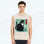 Unisex Retro Cat Stamp Printed Washed Tank Top