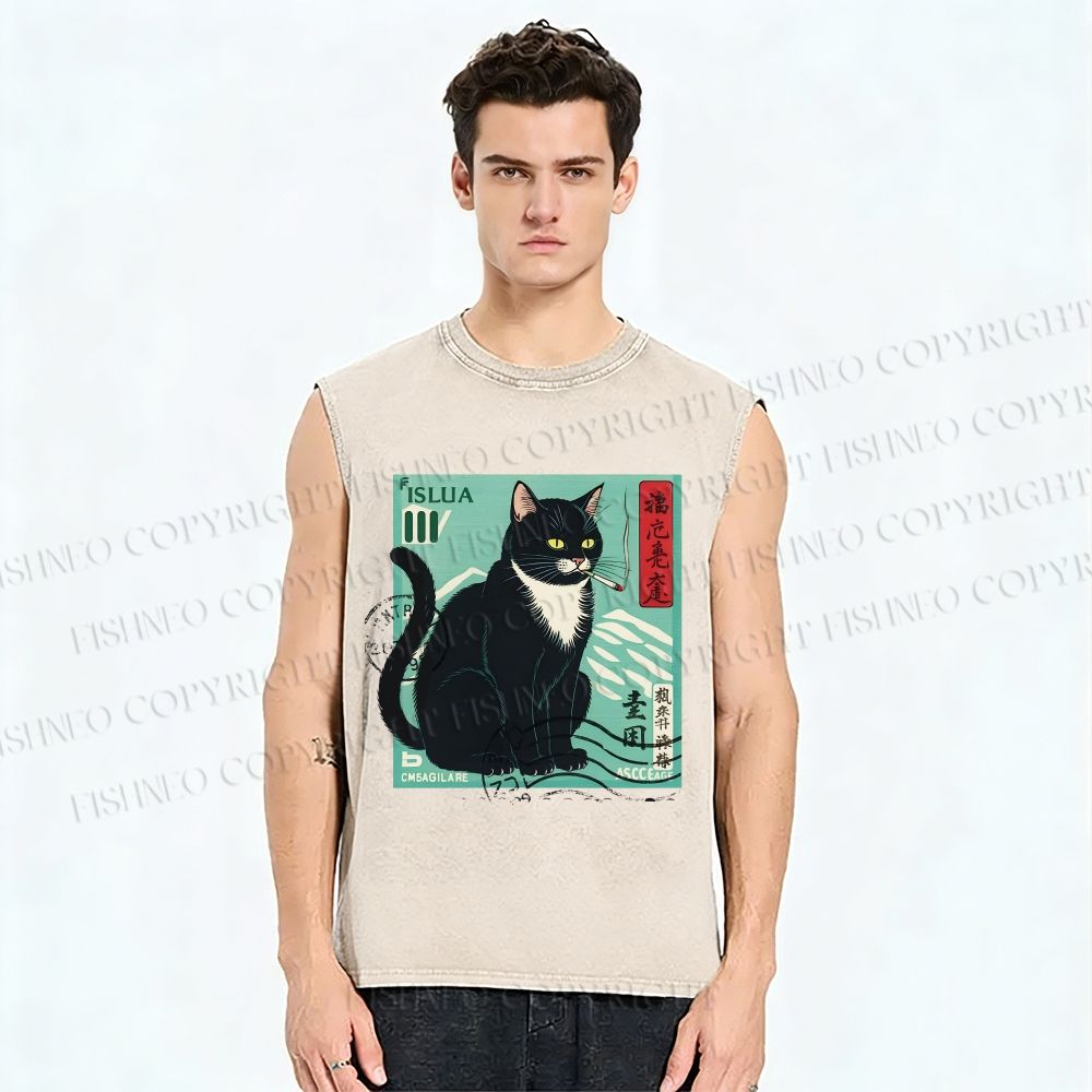 Unisex Retro Cat Stamp Printed Washed Tank Top