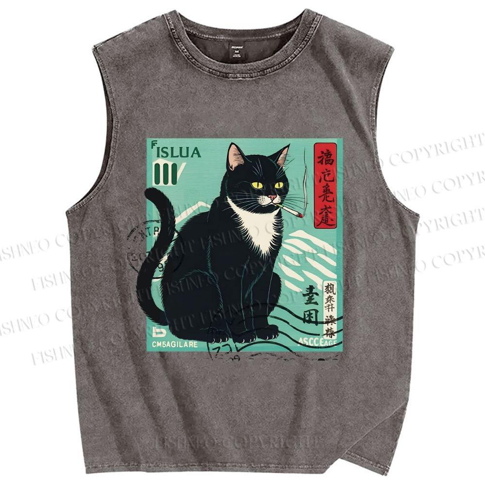 Unisex Retro Cat Stamp Printed Washed Tank Top