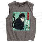 Unisex Retro Cat Stamp Printed Washed Tank Top