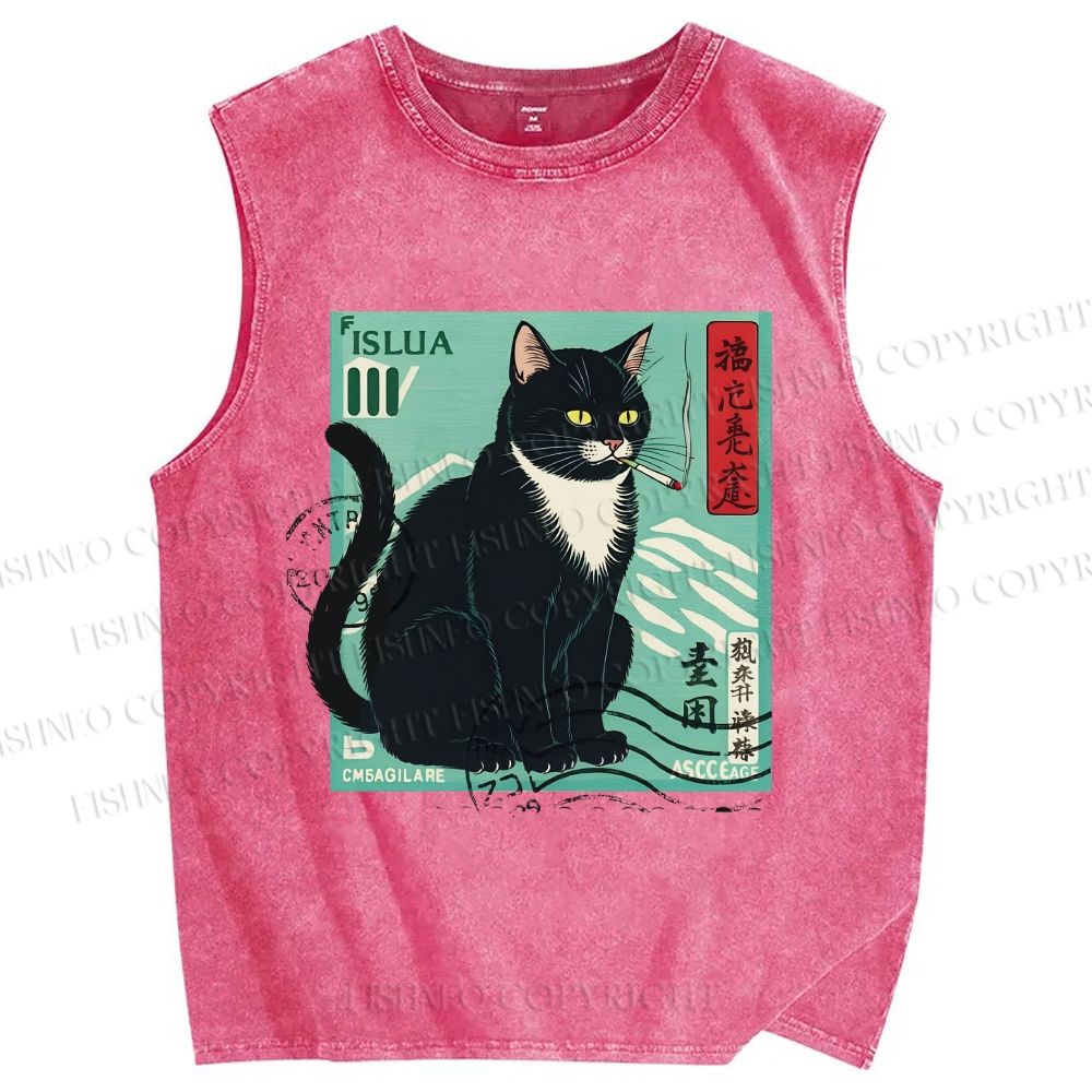 Unisex Retro Cat Stamp Printed Washed Tank Top