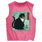 Unisex Retro Cat Stamp Printed Washed Tank Top