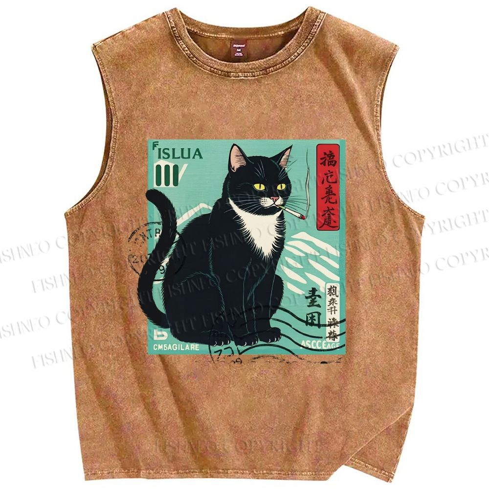 Unisex Retro Cat Stamp Printed Washed Tank Top