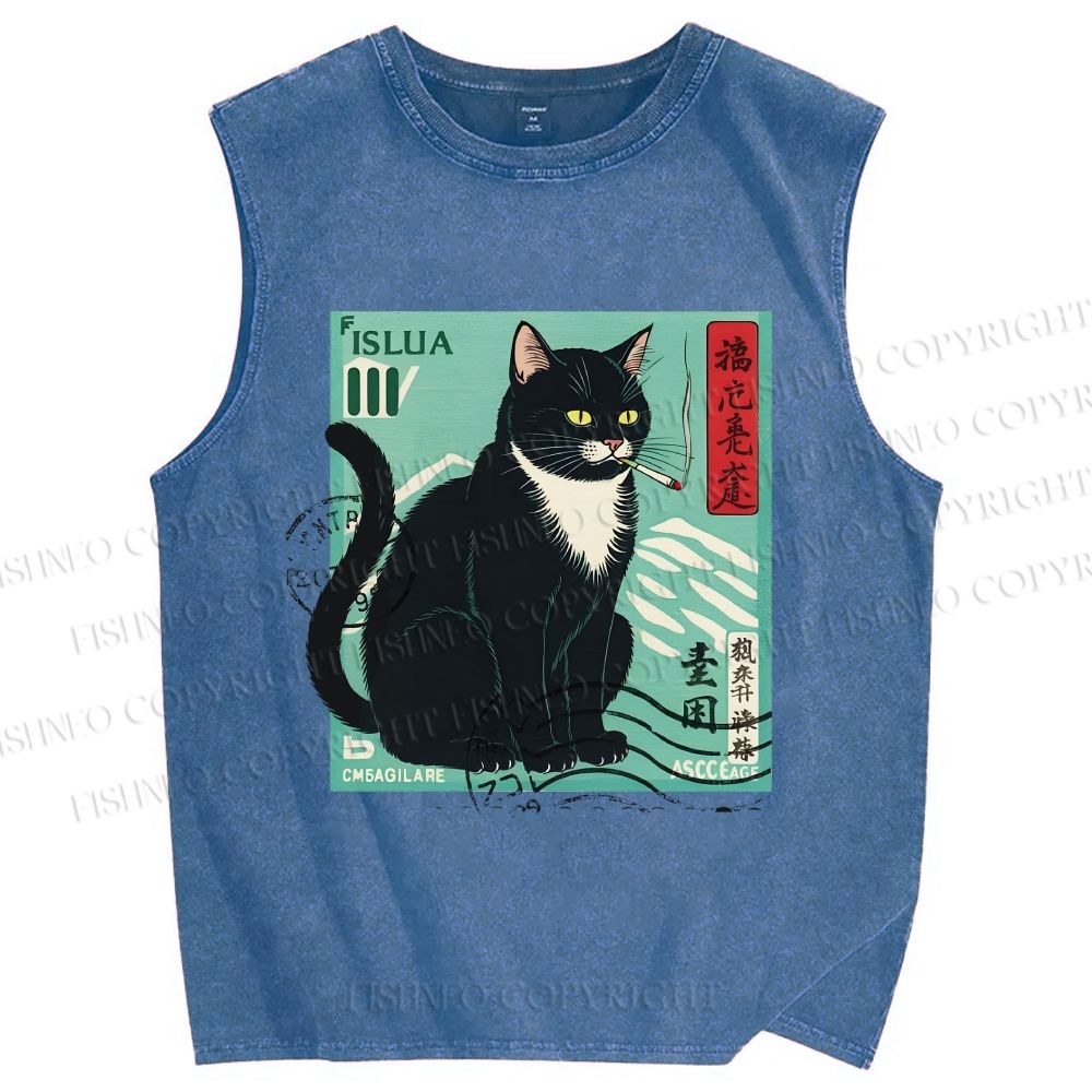 Unisex Retro Cat Stamp Printed Washed Tank Top