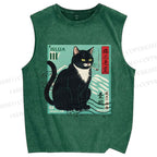 Unisex Retro Cat Stamp Printed Washed Tank Top