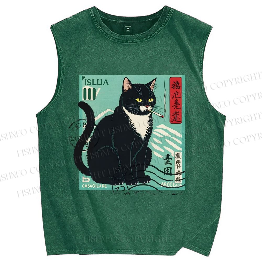 Unisex Retro Cat Stamp Printed Washed Tank Top