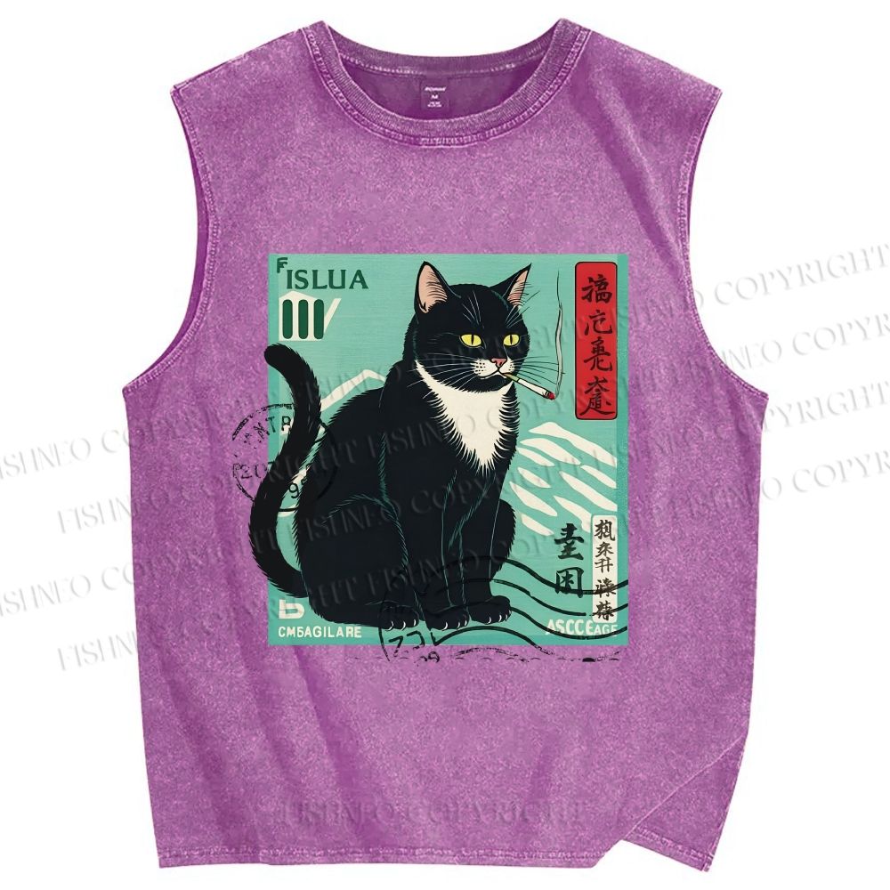 Unisex Retro Cat Stamp Printed Washed Tank Top