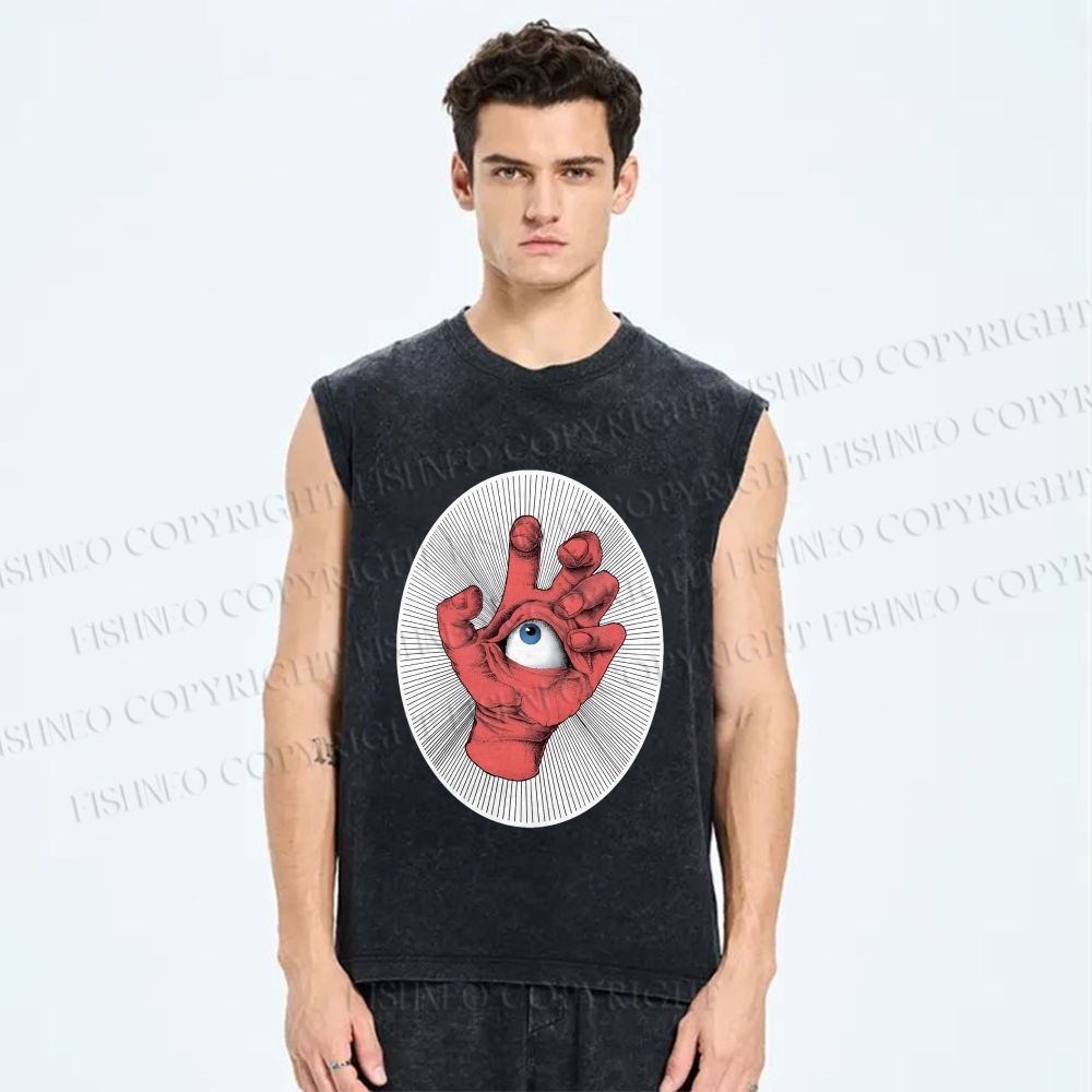 Unisex Eye in Hand Printed Washed Tank Top