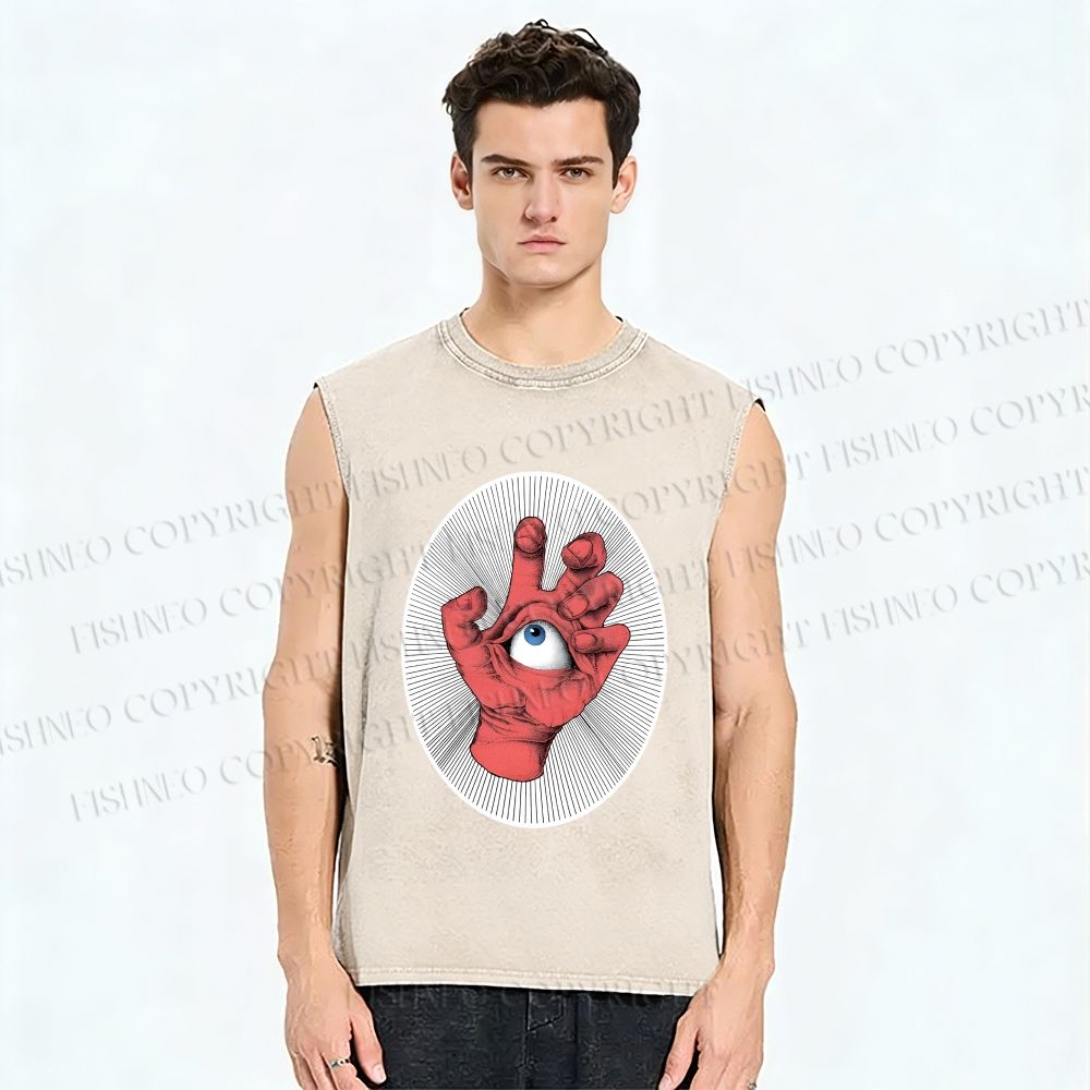 Unisex Eye in Hand Printed Washed Tank Top