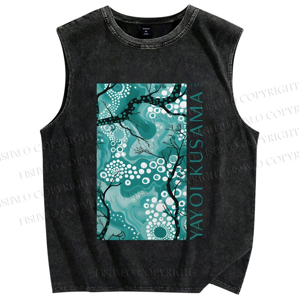 Unisex Yayoi Kusama Teal Wood Printed Washed Tank Top