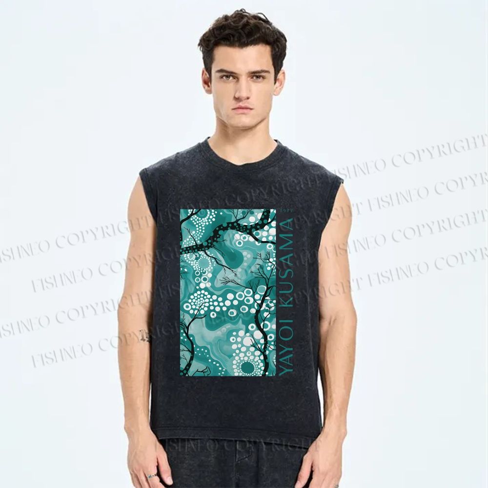 Unisex Yayoi Kusama Teal Wood Printed Washed Tank Top
