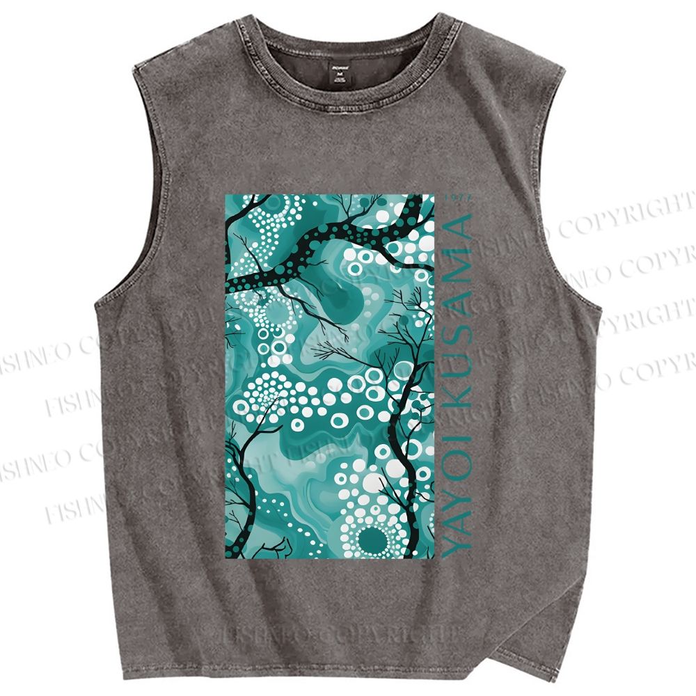 Unisex Yayoi Kusama Teal Wood Printed Washed Tank Top