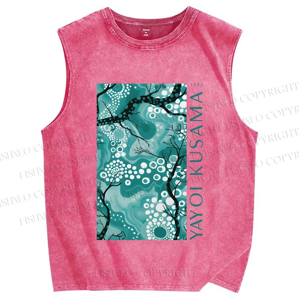 Unisex Yayoi Kusama Teal Wood Printed Washed Tank Top