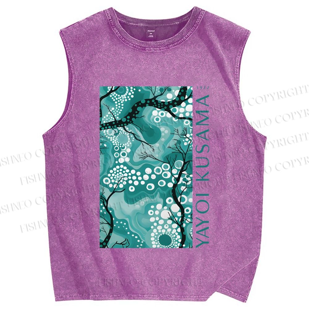 Unisex Yayoi Kusama Teal Wood Printed Washed Tank Top