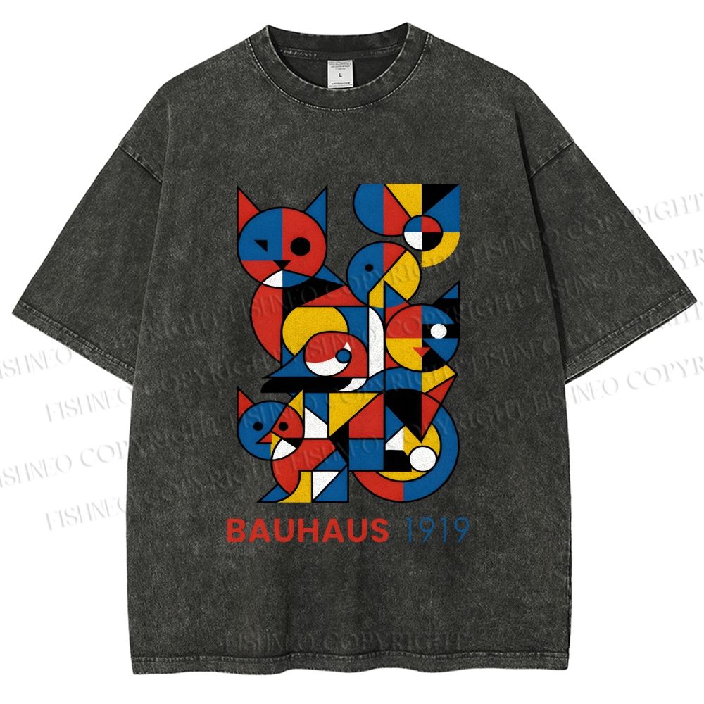 Unisex Bauhaus Cat Mondrian Printed Washed Tee
