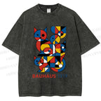 Unisex Bauhaus Cat Mondrian Printed Washed Tee