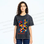 Unisex Bauhaus Cat Mondrian Printed Washed Tee