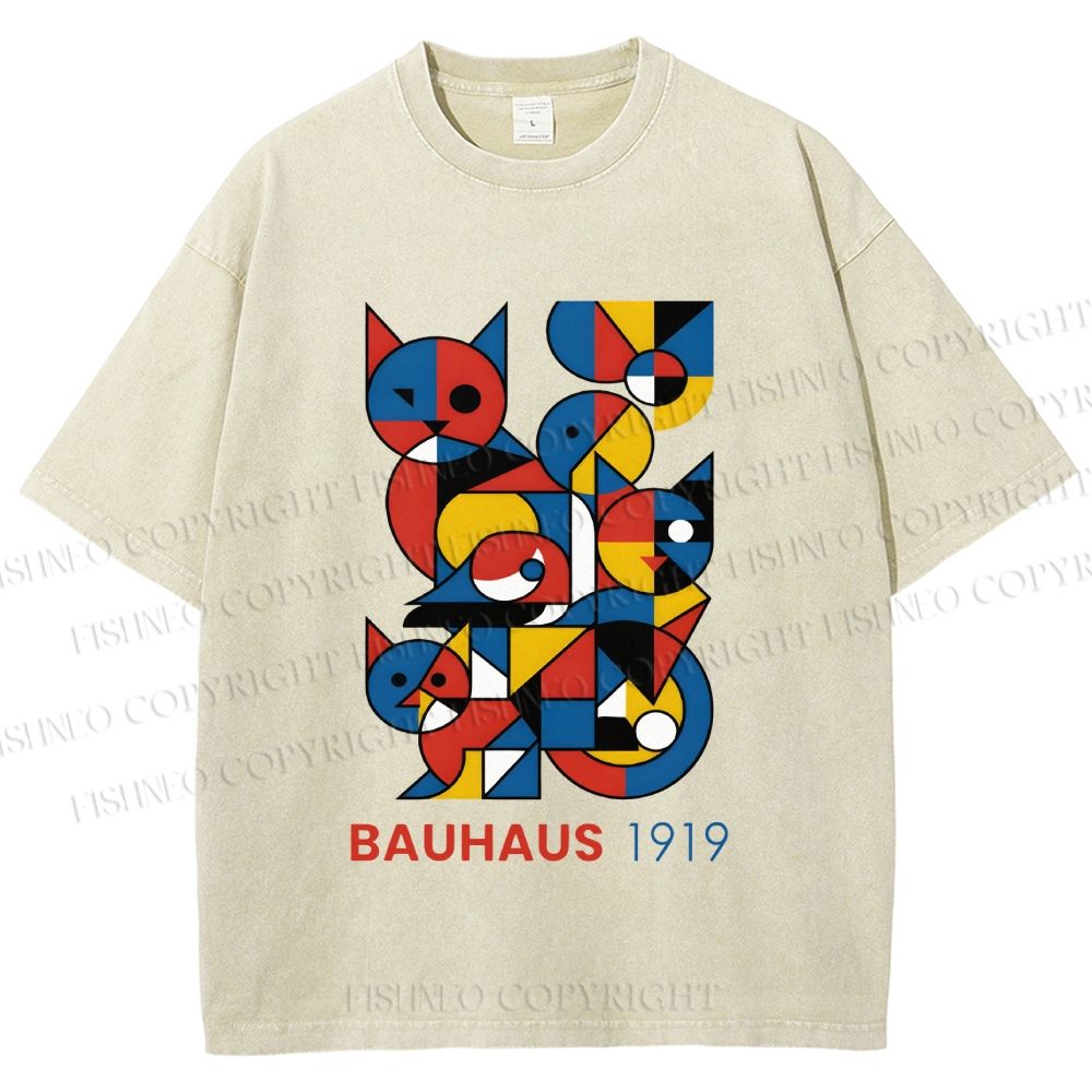 Unisex Bauhaus Cat Mondrian Printed Washed Tee