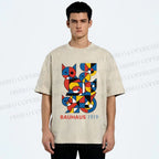 Unisex Bauhaus Cat Mondrian Printed Washed Tee