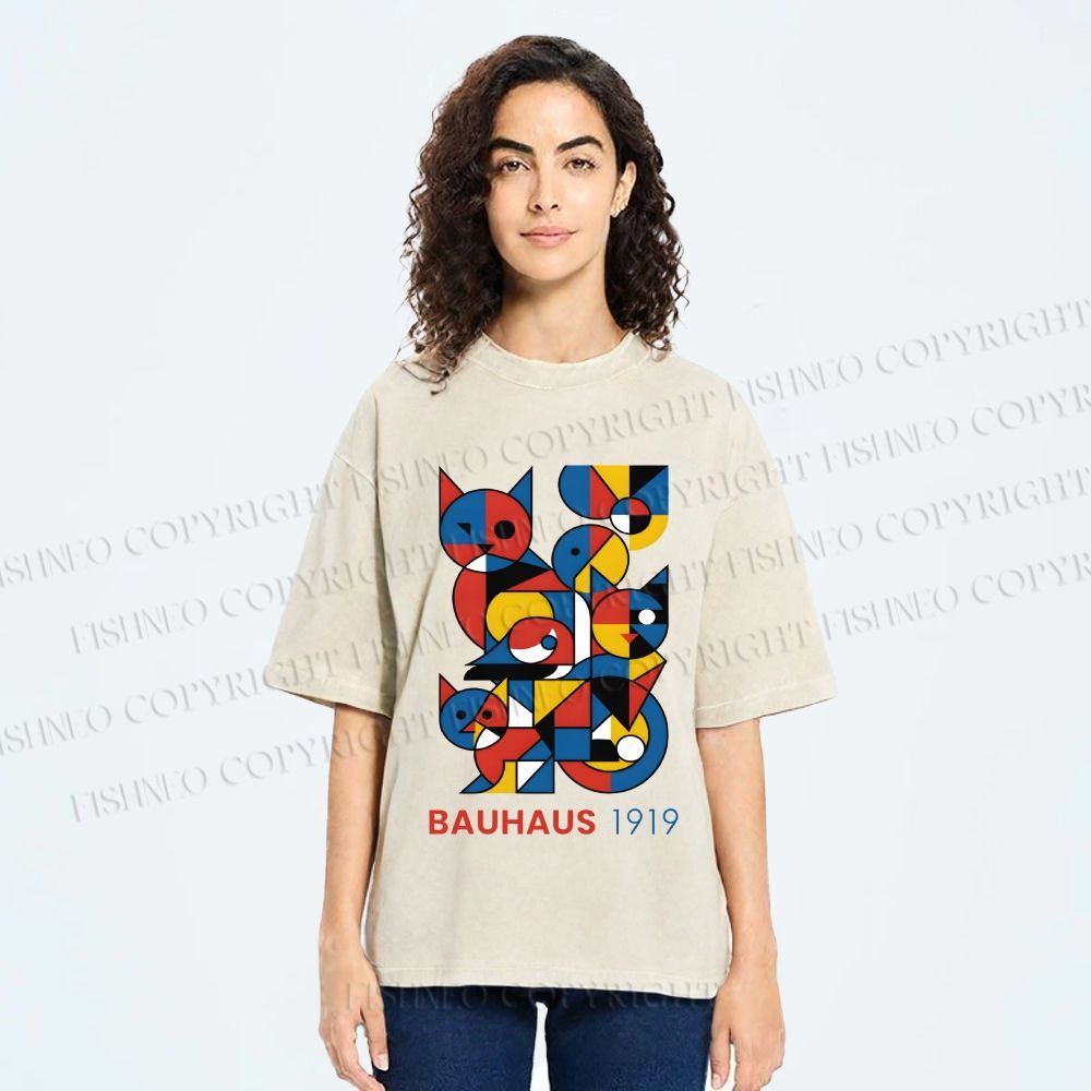 Unisex Bauhaus Cat Mondrian Printed Washed Tee
