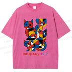 Unisex Bauhaus Cat Mondrian Printed Washed Tee
