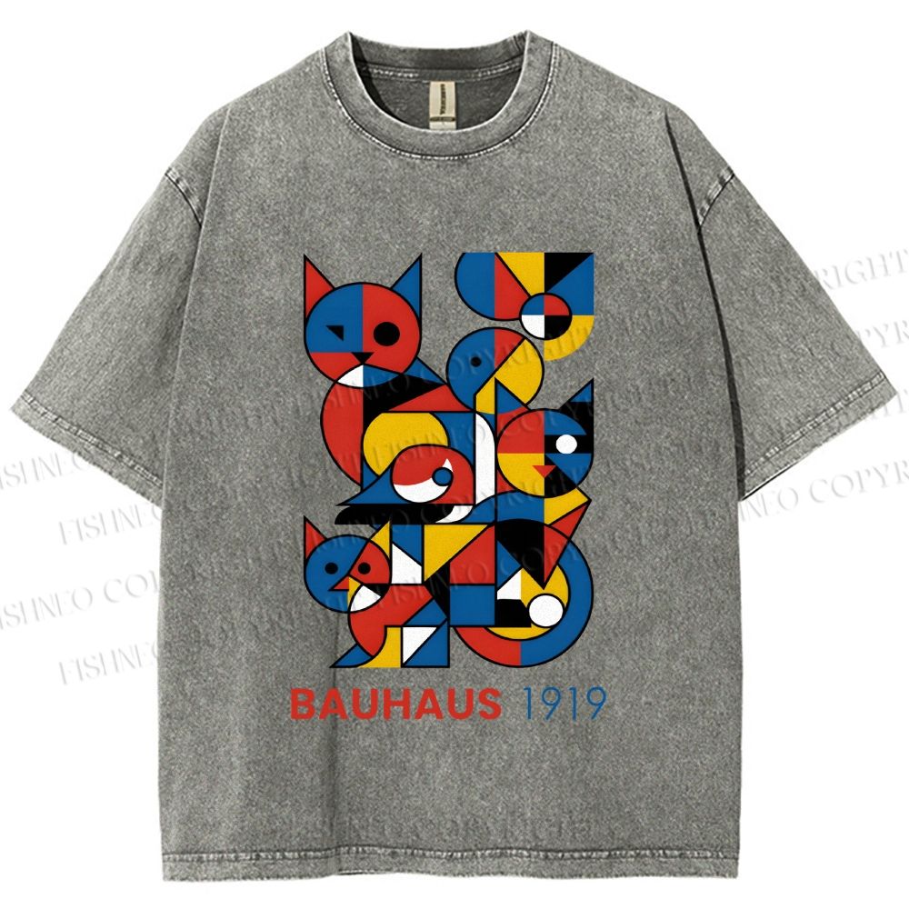 Unisex Bauhaus Cat Mondrian Printed Washed Tee