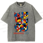 Unisex Bauhaus Cat Mondrian Printed Washed Tee