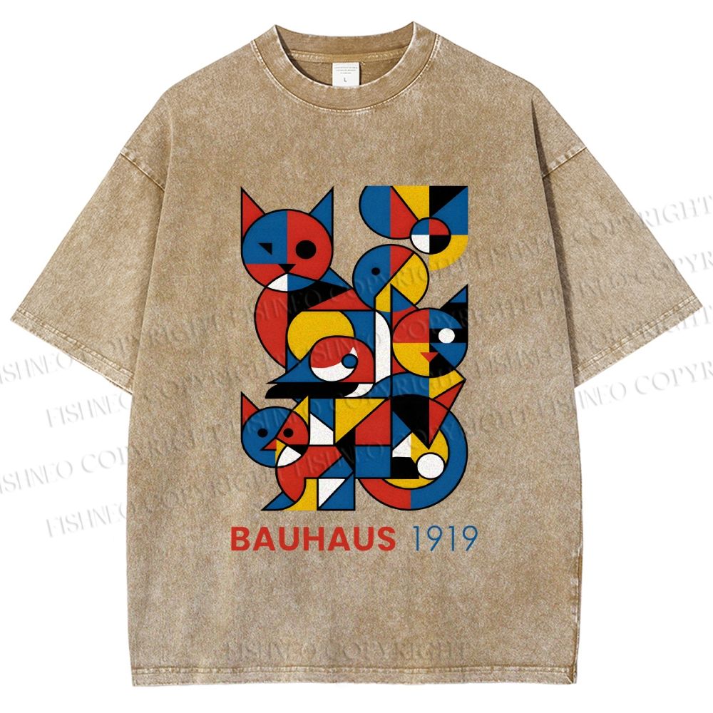 Unisex Bauhaus Cat Mondrian Printed Washed Tee