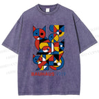 Unisex Bauhaus Cat Mondrian Printed Washed Tee