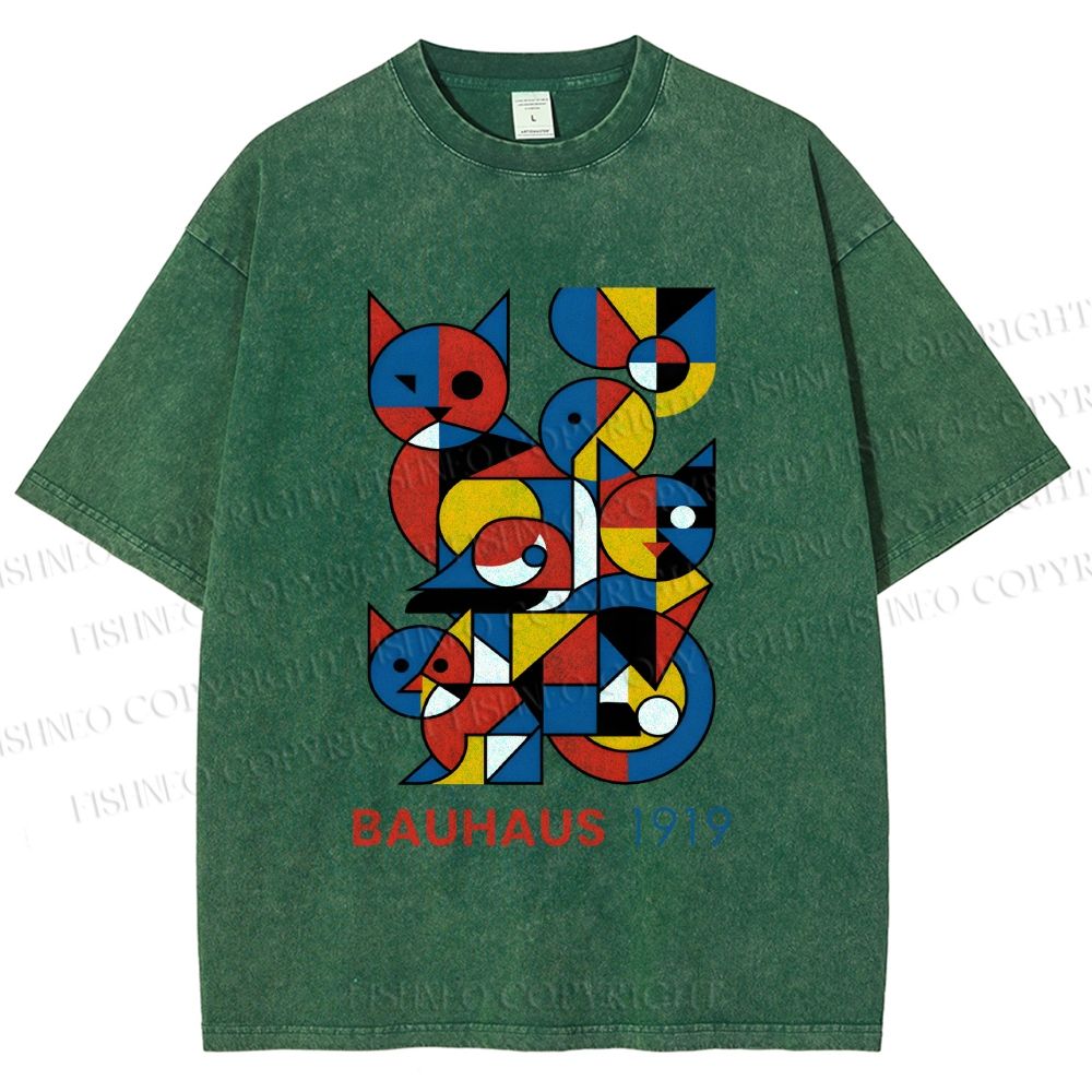 Unisex Bauhaus Cat Mondrian Printed Washed Tee
