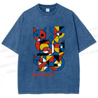 Unisex Bauhaus Cat Mondrian Printed Washed Tee