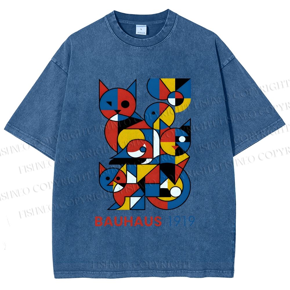 Unisex Bauhaus Cat Mondrian Printed Washed Tee