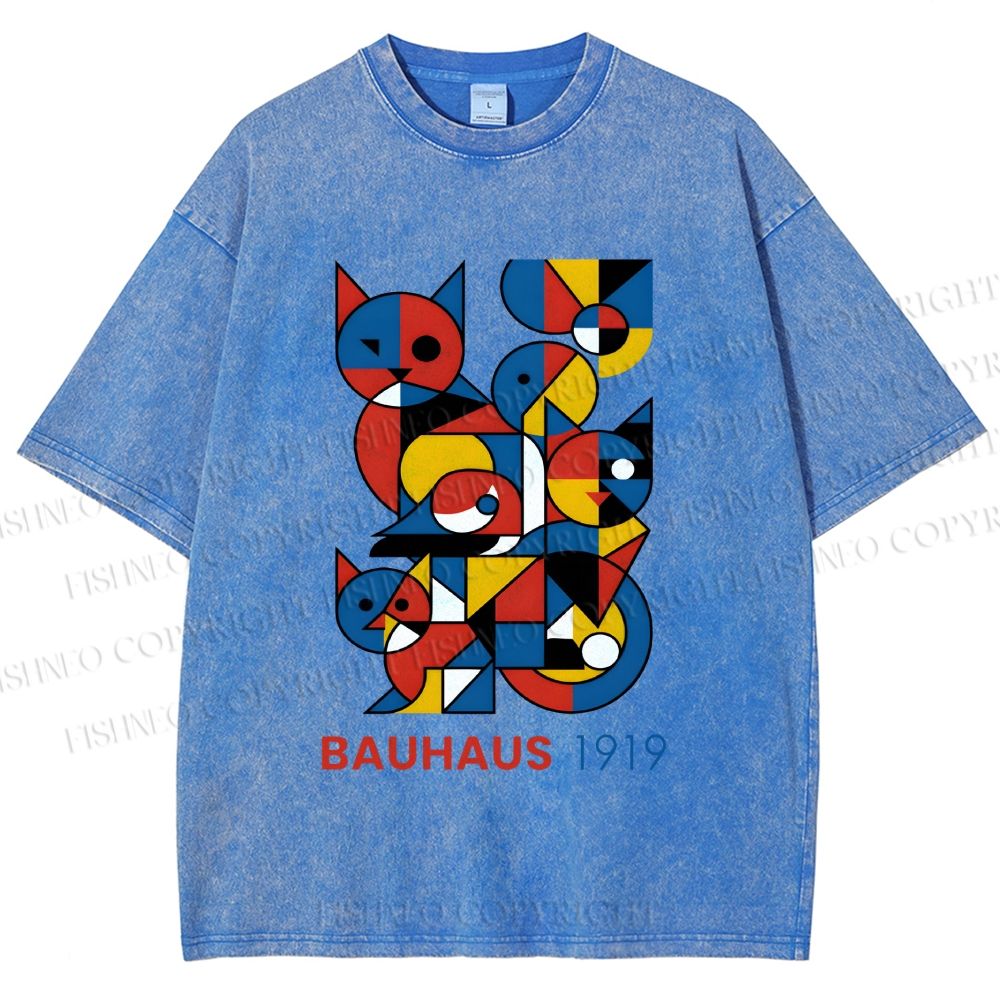 Unisex Bauhaus Cat Mondrian Printed Washed Tee