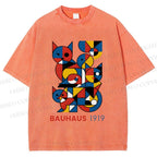 Unisex Bauhaus Cat Mondrian Printed Washed Tee
