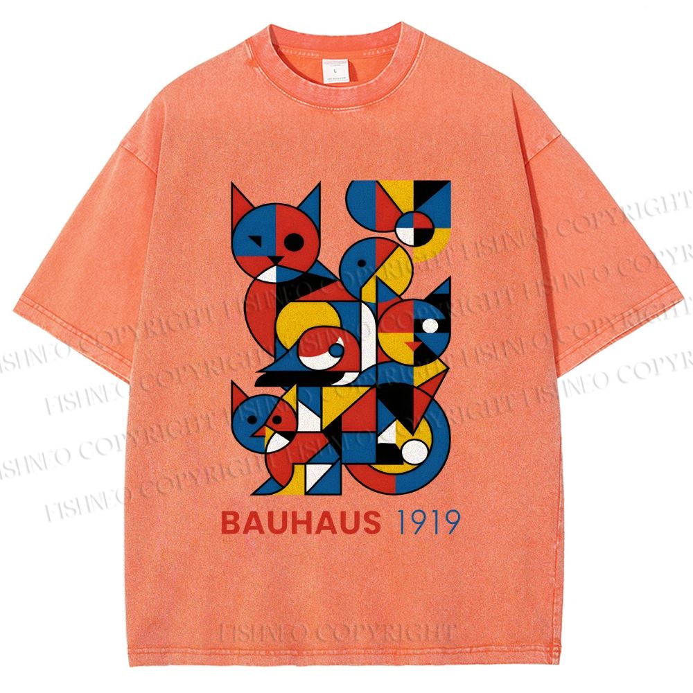Unisex Bauhaus Cat Mondrian Printed Washed Tee