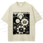 Unisex Yayoi Kusama Black Flowers Printed Washed Tee