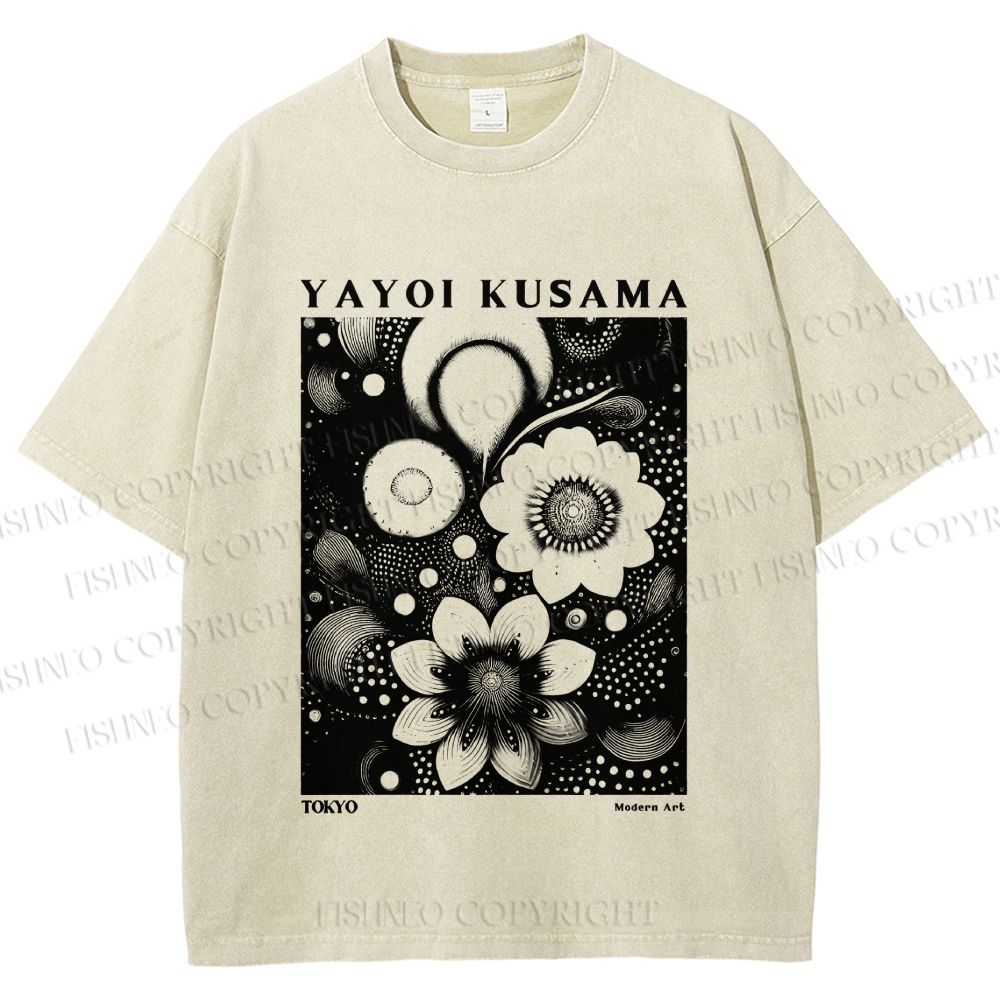 Unisex Yayoi Kusama Black Flowers Printed Washed Tee
