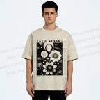 Unisex Yayoi Kusama Black Flowers Printed Washed Tee